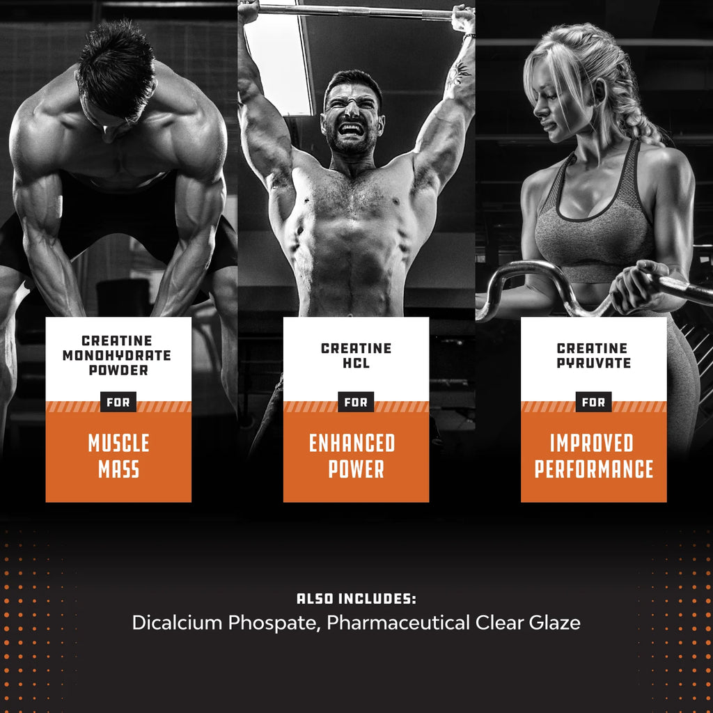 High Strength Tri Phase Creatine Tablets for Women & Men - Formula Blend of Creatine Monohydrate, 300Mg HCL & Pyruvate Supplement - Muscle Mass Gain & Recovery Supplement - 120 Count
