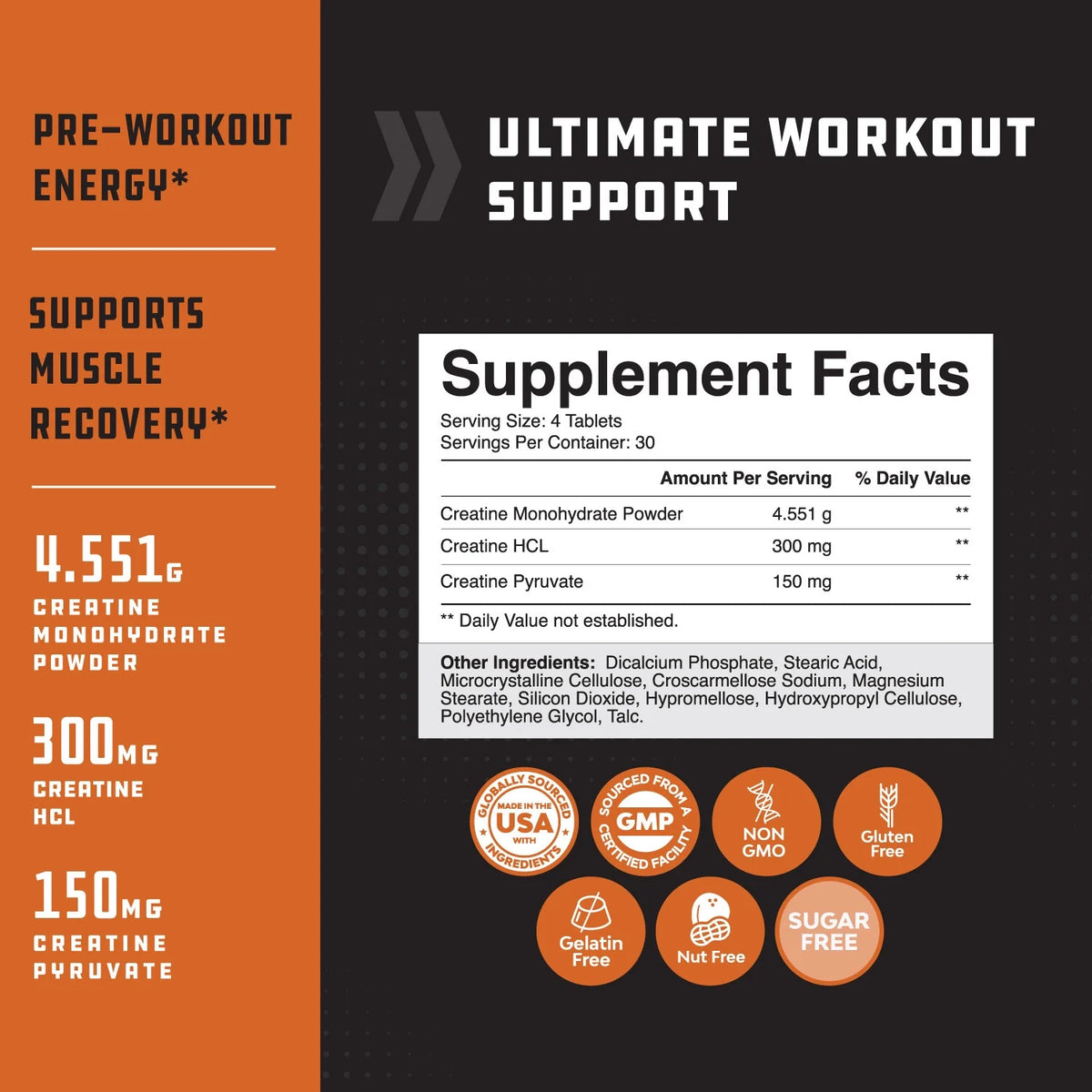 High Strength Tri Phase Creatine Tablets for Women & Men - Formula Blend of Creatine Monohydrate, 300Mg HCL & Pyruvate Supplement - Muscle Mass Gain & Recovery Supplement - 120 Count